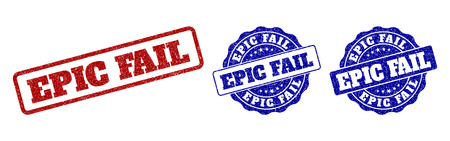 EPIC FAIL grunge stamp seals in red and blue colors. Vector EPIC FAIL labels with distress style. Graphic elements are rounded rectangles, rosettes, circles and text labels.のイラスト素材