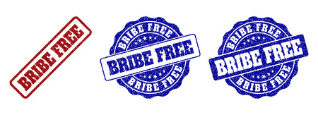 BRIBE FREE grunge stamp seals in red and blue colors. Vector BRIBE FREE signs with grunge effect. Graphic elements are rounded rectangles, rosettes, circles and text captions.のイラスト素材