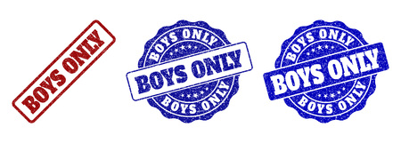 BOYS ONLY grunge stamp seals in red and blue colors. Vector BOYS ONLY signs with grunge effect. Graphic elements are rounded rectangles, rosettes, circles and text tags.のイラスト素材