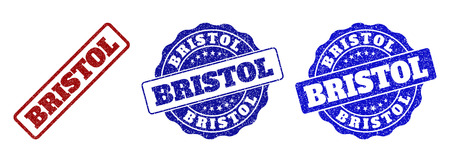 BRISTOL grunge stamp seals in red and blue colors. Vector BRISTOL watermarks with draft surface. Graphic elements are rounded rectangles, rosettes, circles and text captions.のイラスト素材