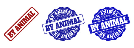 BY ANIMAL grunge stamp seals in red and blue colors. Vector BY ANIMAL labels with grunge style. Graphic elements are rounded rectangles, rosettes, circles and text titles.のイラスト素材