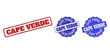 CAPE VERDE scratched stamp seals in red and blue colors. Vector CAPE VERDE labels with grainy texture. Graphic elements are rounded rectangles, rosettes, circles and text labels.のイラスト素材