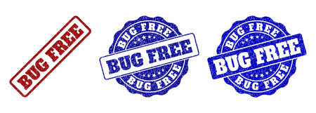 BUG FREE grunge stamp seals in red and blue colors. Vector BUG FREE signs with grunge surface. Graphic elements are rounded rectangles, rosettes, circles and text captions.のイラスト素材