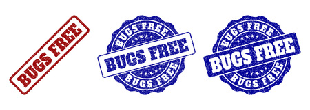 BUGS FREE grunge stamp seals in red and blue colors. Vector BUGS FREE overlays with draft surface. Graphic elements are rounded rectangles, rosettes, circles and text titles.のイラスト素材