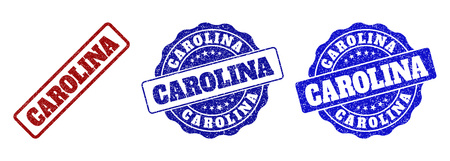 CAROLINA grunge stamp seals in red and blue colors. Vector CAROLINA marks with grunge effect. Graphic elements are rounded rectangles, rosettes, circles and text tags.のイラスト素材