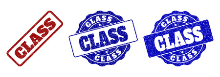 CLASS grunge stamp seals in red and blue colors. Vector CLASS marks with distress style. Graphic elements are rounded rectangles, rosettes, circles and text captions.のイラスト素材
