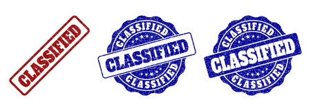 CLASSIFIED scratched stamp seals in red and blue colors. Vector CLASSIFIED watermarks with draft effect. Graphic elements are rounded rectangles, rosettes, circles and text titles.のイラスト素材