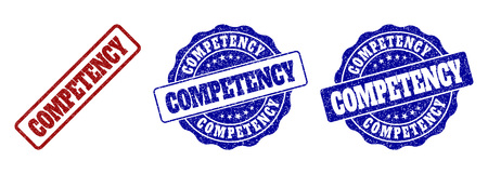 COMPETENCY scratched stamp seals in red and blue colors. Vector COMPETENCY imprints with grainy effect. Graphic elements are rounded rectangles, rosettes, circles and text titles.のイラスト素材