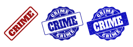 CRIME grunge stamp seals in red and blue colors. Vector CRIME marks with grunge texture. Graphic elements are rounded rectangles, rosettes, circles and text captions.のイラスト素材