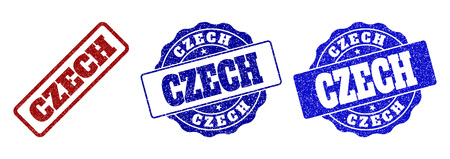 CZECH grunge stamp seals in red and blue colors. Vector CZECH labels with draft style. Graphic elements are rounded rectangles, rosettes, circles and text labels. Designed for rubber stamp imitations.のイラスト素材