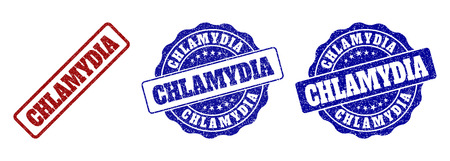 CHLAMYDIA grunge stamp seals in red and blue colors. Vector CHLAMYDIA imprints with grunge texture. Graphic elements are rounded rectangles, rosettes, circles and text labels.のイラスト素材