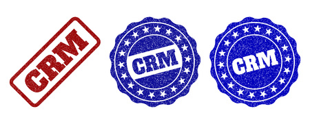 CRM grunge stamp seals in red and blue colors. Vector CRM imprints with dirty effect. Graphic elements are rounded rectangles, rosettes, circles and text tags. Designed for rubber stamp imitations.のイラスト素材