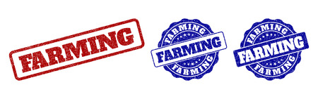 FARMING scratched stamp seals in red and blue colors. Vector FARMING labels with dirty surface. Graphic elements are rounded rectangles, rosettes, circles and text labels.のイラスト素材