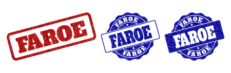 FAROE grunge stamp seals in red and blue colors. Vector FAROE marks with grunge style. Graphic elements are rounded rectangles, rosettes, circles and text titles. Designed for rubber stamp imitations.のイラスト素材