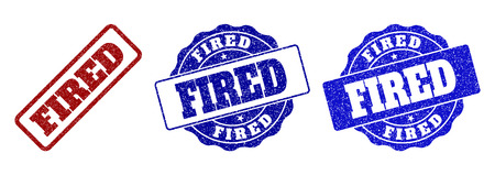 FIRED scratched stamp seals in red and blue colors. Vector FIRED labels with grainy surface. Graphic elements are rounded rectangles, rosettes, circles and text labels.のイラスト素材