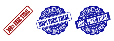 100% FREE TRIAL grunge stamp seals in red and blue colors. Vector 100% FREE TRIAL labels with dirty surface. Graphic elements are rounded rectangles, rosettes, circles and text labels.のイラスト素材