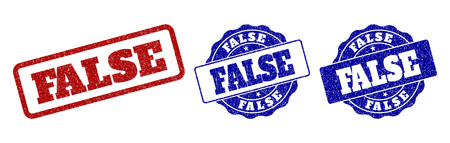 FALSE grunge stamp seals in red and blue colors. Vector FALSE watermarks with grunge texture. Graphic elements are rounded rectangles, rosettes, circles and text titles.のイラスト素材