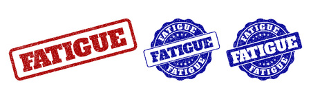 FATIGUE scratched stamp seals in red and blue colors. Vector FATIGUE signs with scratced texture. Graphic elements are rounded rectangles, rosettes, circles and text tags.のイラスト素材