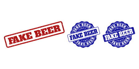 FAKE BEER scratched stamp seals in red and blue colors. Vector FAKE BEER signs with grunge texture. Graphic elements are rounded rectangles, rosettes, circles and text captions.のイラスト素材