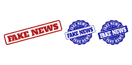 FAKE NEWS scratched stamp seals in red and blue colors. Vector FAKE NEWS labels with scratced surface. Graphic elements are rounded rectangles, rosettes, circles and text titles.のイラスト素材