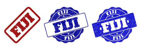 FIJI grunge stamp seals in red and blue colors. Vector FIJI overlays with grunge style. Graphic elements are rounded rectangles, rosettes, circles and text captions.のイラスト素材