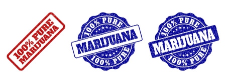 100% PURE MARIJUANA scratched stamp seals in red and blue colors. Vector 100% PURE MARIJUANA marks with draft surface. Graphic elements are rounded rectangles, rosettes, circles and text titles.のイラスト素材