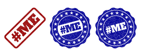 #ME grunge stamp seals in red and blue colors. Vector #ME signs with grunge effect. Graphic elements are rounded rectangles, rosettes, circles and text labels. Designed for rubber stamp imitations.のイラスト素材