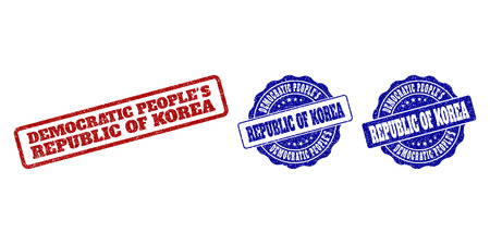 DEMOCRATIC PEOPLE'S REPUBLIC OF KOREA grunge stamp seals in red and blue colors. Vector DEMOCRATIC PEOPLE'S REPUBLIC OF KOREA labels with grainy texture. Graphic elements are rounded rectangles,のイラスト素材