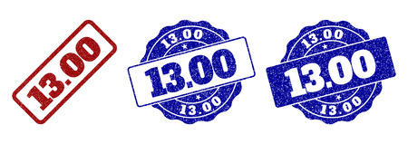 13.00 grunge stamp seals in red and blue colors. Vector 13.00 overlays with grunge style. Graphic elements are rounded rectangles, rosettes, circles and text labels.のイラスト素材