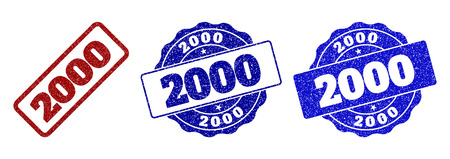 2000 grunge stamp seals in red and blue colors. Vector 2000 watermarks with dirty texture. Graphic elements are rounded rectangles, rosettes, circles and text captions.のイラスト素材