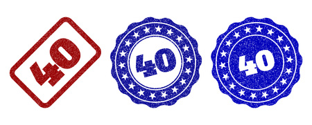 40 grunge stamp seals in red and blue colors. Vector 40 marks with grunge texture. Graphic elements are rounded rectangles, rosettes, circles and text labels. Designed for rubber stamp imitations.のイラスト素材
