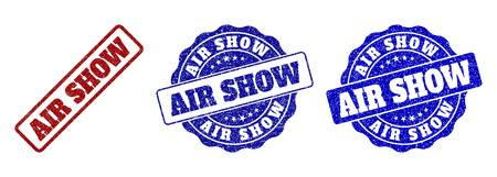 AIR SHOW scratched stamp seals in red and blue colors. Vector AIR SHOW watermarks with grunge effect. Graphic elements are rounded rectangles, rosettes, circles and text captions.のイラスト素材