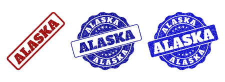 ALASKA grunge stamp seals in red and blue colors. Vector ALASKA imprints with grunge style. Graphic elements are rounded rectangles, rosettes, circles and text titles.のイラスト素材