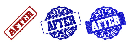 AFTER scratched stamp seals in red and blue colors. Vector AFTER marks with distress style. Graphic elements are rounded rectangles, rosettes, circles and text titles.のイラスト素材