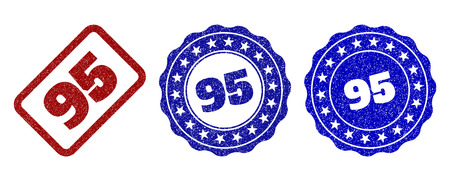 95 grunge stamp seals in red and blue colors. Vector 95 signs with grunge surface. Graphic elements are rounded rectangles, rosettes, circles and text titles. Designed for rubber stamp imitations.のイラスト素材