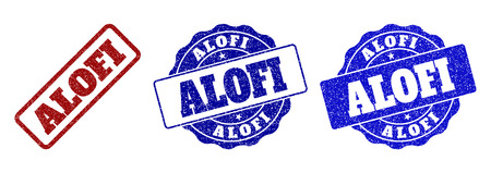 ALOFI grunge stamp seals in red and blue colors. Vector ALOFI labels with distress style. Graphic elements are rounded rectangles, rosettes, circles and text labels.のイラスト素材