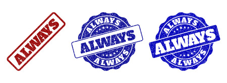 ALWAYS grunge stamp seals in red and blue colors. Vector ALWAYS labels with grunge surface. Graphic elements are rounded rectangles, rosettes, circles and text labels.のイラスト素材