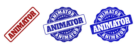 ANIMATOR scratched stamp seals in red and blue colors. Vector ANIMATOR labels with distress texture. Graphic elements are rounded rectangles, rosettes, circles and text labels.のイラスト素材