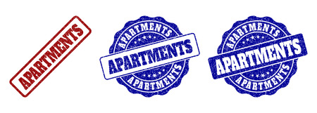APARTMENTS grunge stamp seals in red and blue colors. Vector APARTMENTS marks with grunge texture. Graphic elements are rounded rectangles, rosettes, circles and text captions.のイラスト素材
