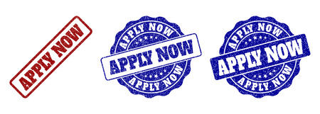 APPLY NOW grunge stamp seals in red and blue colors. Vector APPLY NOW overlays with grunge style. Graphic elements are rounded rectangles, rosettes, circles and text titles.のイラスト素材