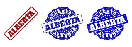 ALBERTA grunge stamp seals in red and blue colors. Vector ALBERTA labels with distress texture. Graphic elements are rounded rectangles, rosettes, circles and text labels.のイラスト素材