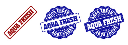 AQUA FRESH scratched stamp seals in red and blue colors. Vector AQUA FRESH labels with grunge style. Graphic elements are rounded rectangles, rosettes, circles and text labels.のイラスト素材