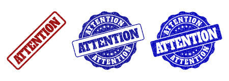 ATTENTION grunge stamp seals in red and blue colors. Vector ATTENTION watermarks with grunge style. Graphic elements are rounded rectangles, rosettes, circles and text captions.のイラスト素材