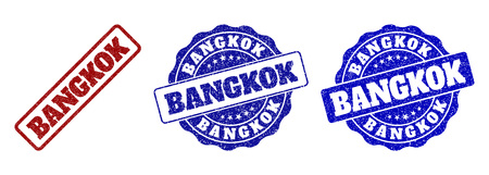 BANGKOK grunge stamp seals in red and blue colors. Vector BANGKOK signs with grunge texture. Graphic elements are rounded rectangles, rosettes, circles and text titles.のイラスト素材