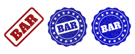 BAR scratched stamp seals in red and blue colors. Vector BAR labels with scratced style. Graphic elements are rounded rectangles, rosettes, circles and text labels.のイラスト素材