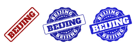 BEIJING grunge stamp seals in red and blue colors. Vector BEIJING watermarks with distress style. Graphic elements are rounded rectangles, rosettes, circles and text tags.のイラスト素材