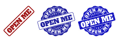 OPEN ME grunge stamp seals in red and blue colors. Vector OPEN ME marks with grunge texture. Graphic elements are rounded rectangles, rosettes, circles and text titles.のイラスト素材