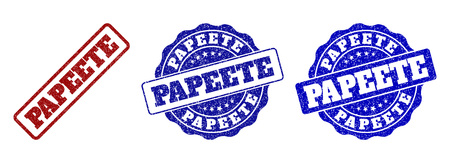 PAPEETE grunge stamp seals in red and blue colors. Vector PAPEETE labels with draft texture. Graphic elements are rounded rectangles, rosettes, circles and text labels.のイラスト素材