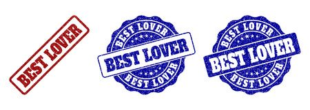 BEST LOVER grunge stamp seals in red and blue colors. Vector BEST LOVER signs with grunge effect. Graphic elements are rounded rectangles, rosettes, circles and text titles.のイラスト素材