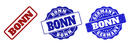 BONN grunge stamp seals in red and blue colors. Vector BONN labels with dirty texture. Graphic elements are rounded rectangles, rosettes, circles and text labels. Designed for rubber stamp imitations.のイラスト素材